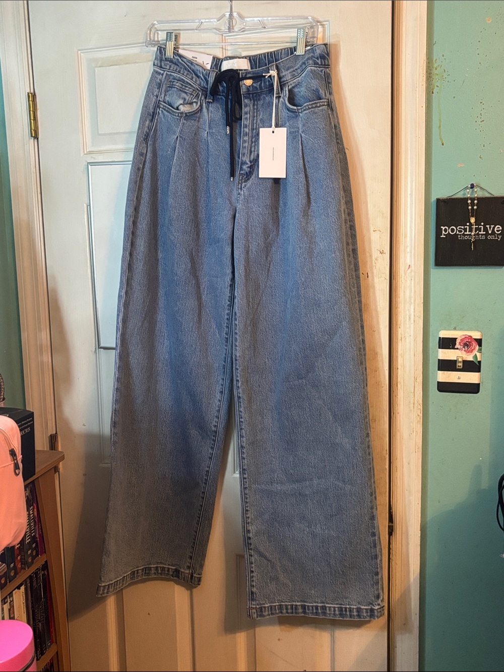High-Rise Wide Leg Blue Denim Jeans with Drawstring Waist Size 28